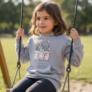 Kids Gray Hoodie with Floral Camera Design